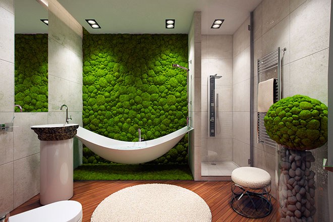 Mur de mousse dans une salle bain contemporaine - Crédit internet