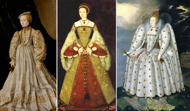 Robes à vertugadins (A gauche en 1570, en 1580 au centre, en 1610 à droite)